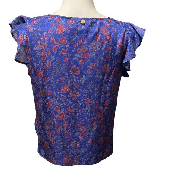 Anthropologie Antik Batik Blue Floral Silk Ruffle Cap Sleeve Blouse Size Small - Picture 5 of 15